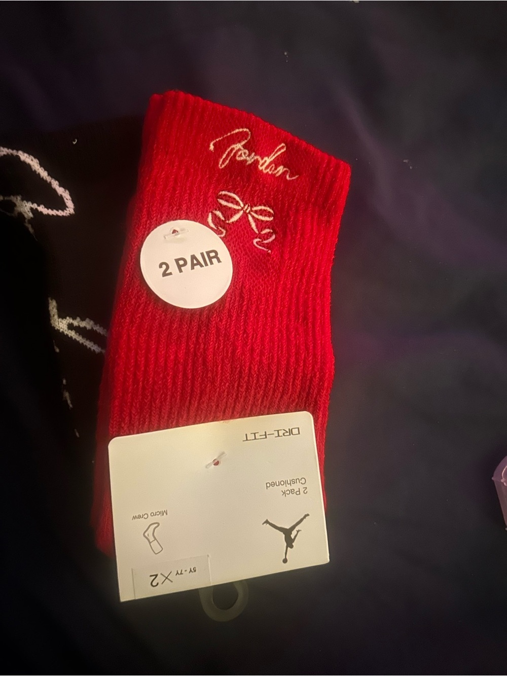 Jordan Red Crew Socks with Bow Embroidery and cursive script - 2 Pair 5y - 7y